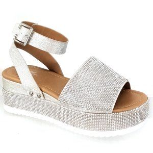 New Silver Rhinestone Platform Wedge Sandals